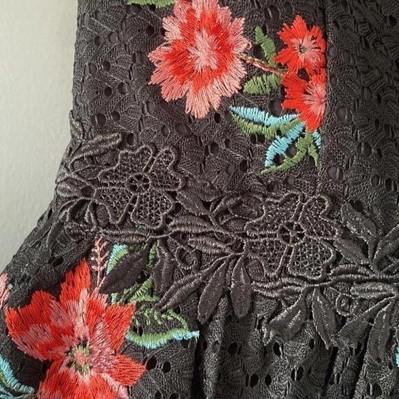 Whimsigoth Midi Dress Black Lace Floral Embroidery Dark Fairy - Picture 6 of 16